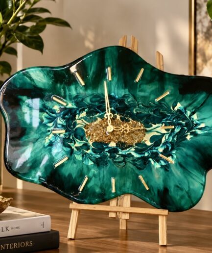 Handmade emerald green geode resin wall clock with gold hands